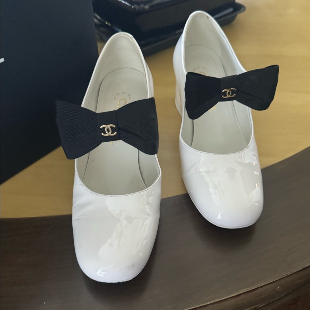 White patent with black bows